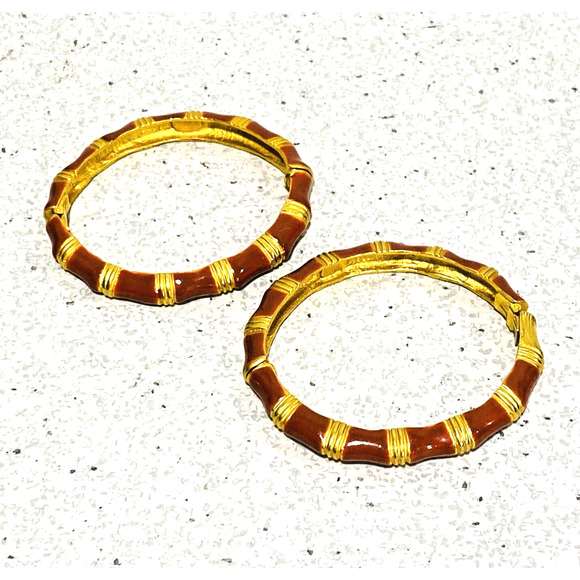 2 Kenneth Lane Signed Goldtone Burnt Orange Ribbed Bracelets Hinged Slim Bangles - Picture 2 of 10